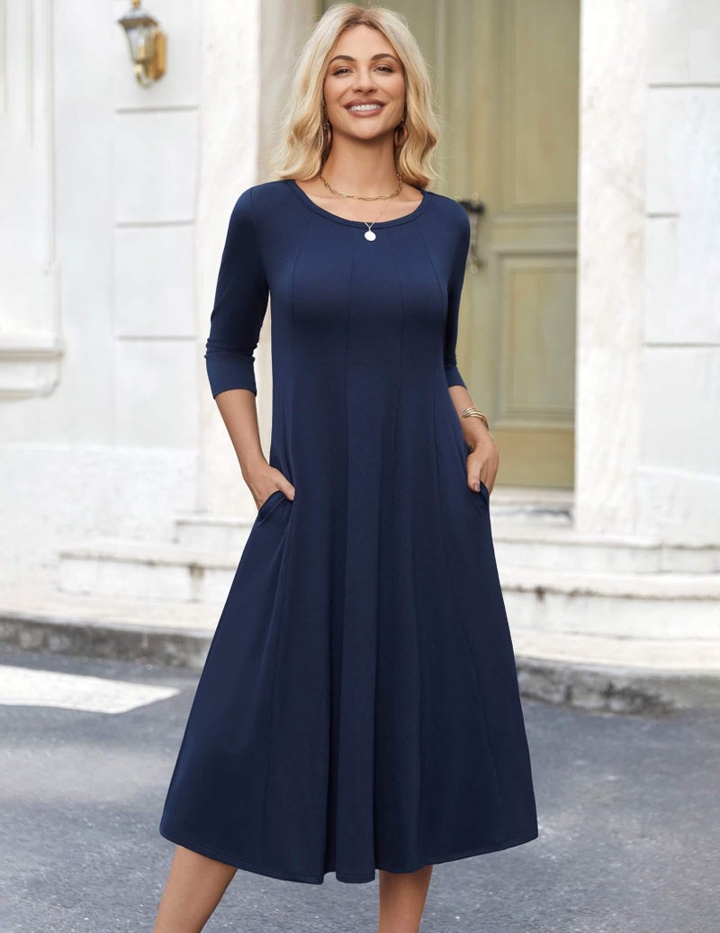HOTOUCH Women's 3/4 Sleeve Casual Loose Solid Midi T-Shirt Dress (Navy Blue XL) - Image 4